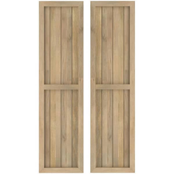 Ekena Millwork 14 in. W x 57 in. H Americraft 4 Board Exterior Real Wood Two Equal Panel Framed Board and Batten Shutters Unfinished