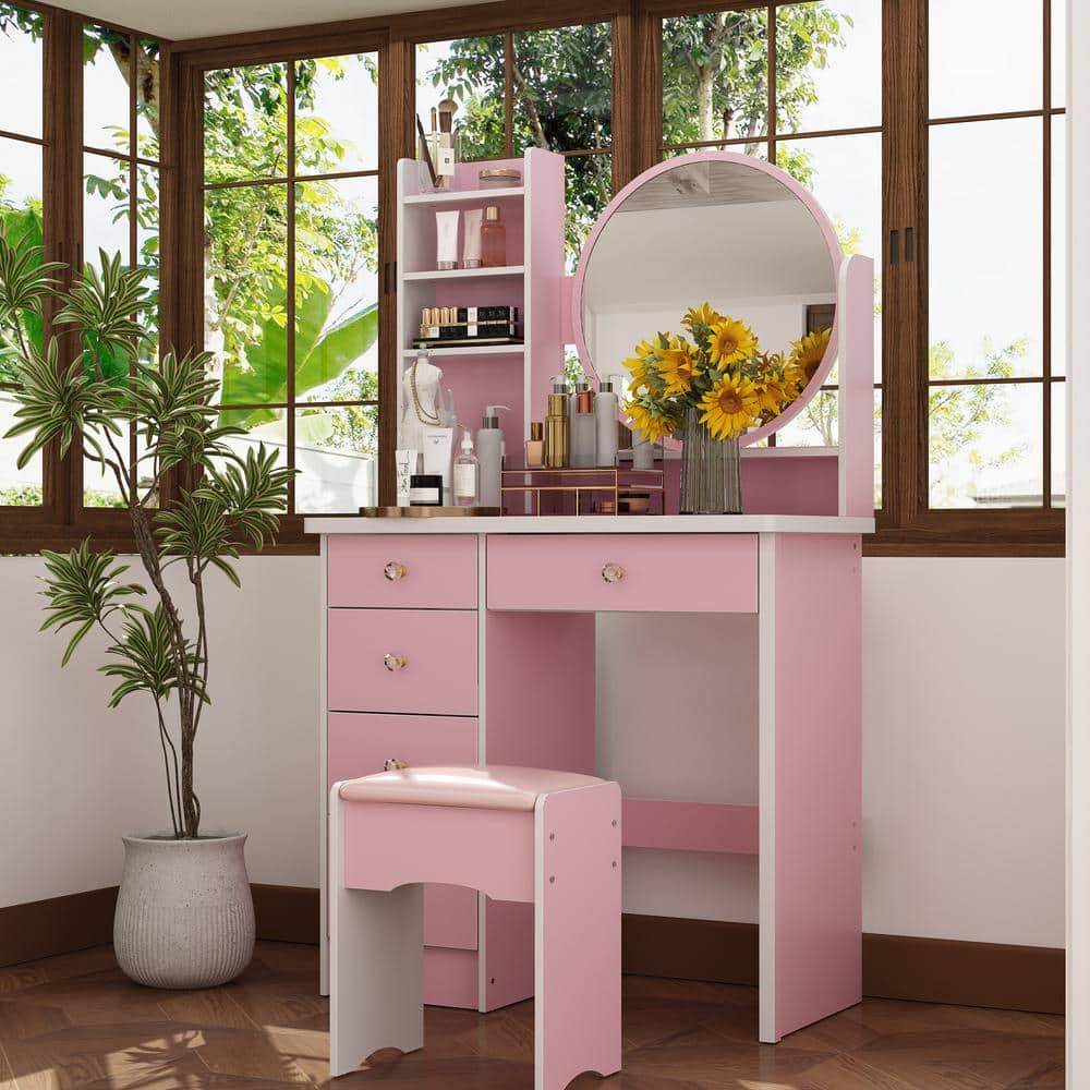 5-Drawers Pink Makeup Vanity Dressing Table Set with Stool, Mirror and Storage Shelves Girls Dressing Table - thumbnail 2
