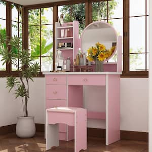 5-Drawers Pink Makeup Vanity Dressing Table Set with Stool, Mirror and Storage Shelves Girls Dressing Table