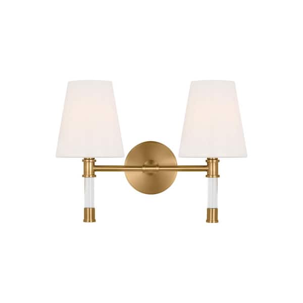 Hanover 15 in. W x 11 in. H 2-Light Burnished Brass Dimmable Mid-Century Rustic Vanity Light with Milk Glass Shades