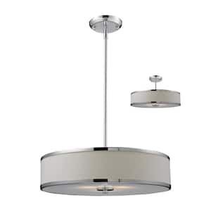Cameo 3-Light Chrome Shaded Pendant Light with White Linen Fabric Shade with No Bulb Included