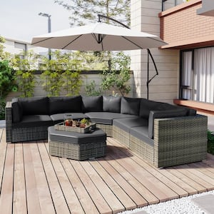 All Weather Wicker Outdoor Sectional Set with Gray Cushions, Ottoman and Small Trays