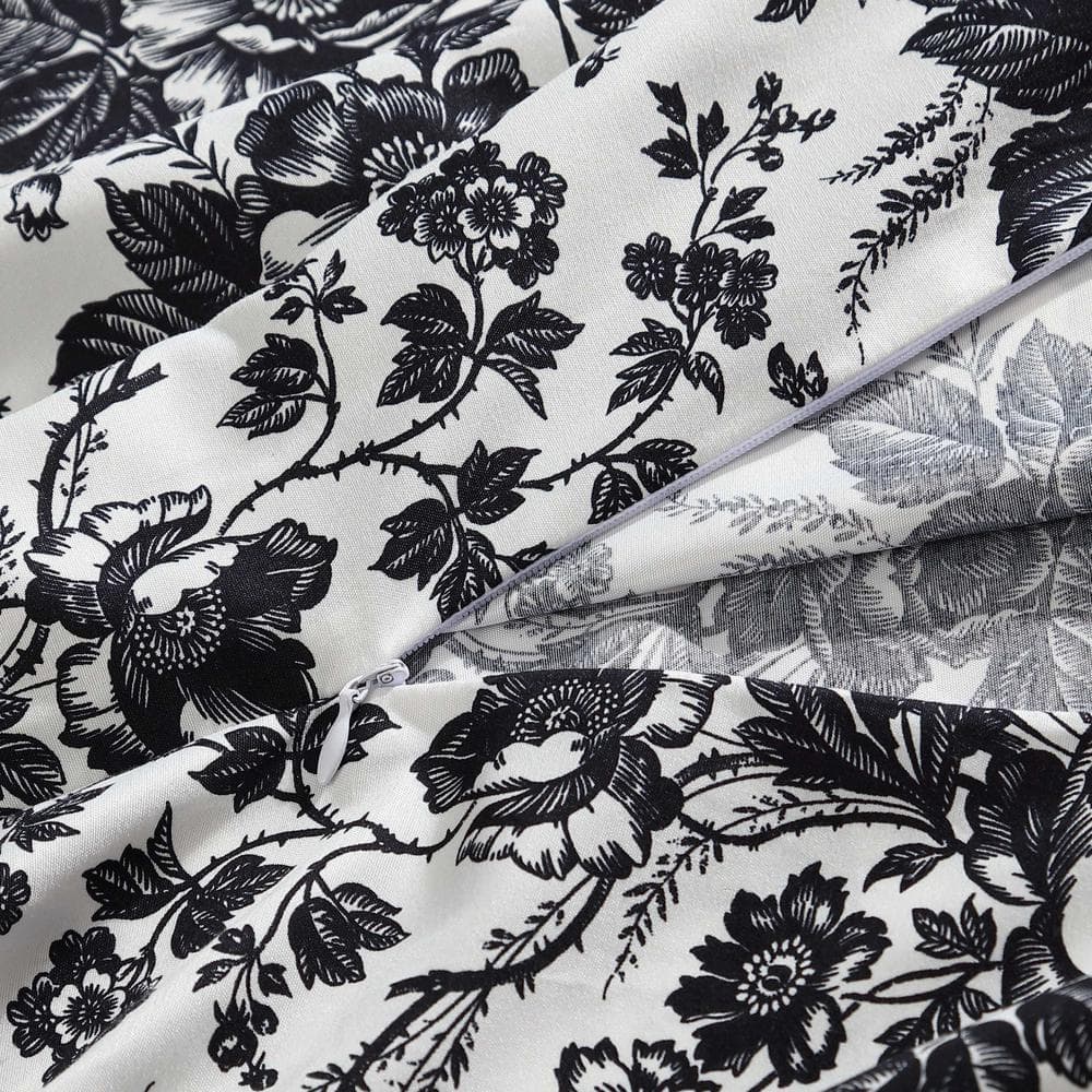 King Black and White Floral Polyester Duvet Cover Set