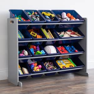 Newport Navy 31"H Engineered Wood Super Sized Toy Storage Organizer with 16 Plastic Storage Bins