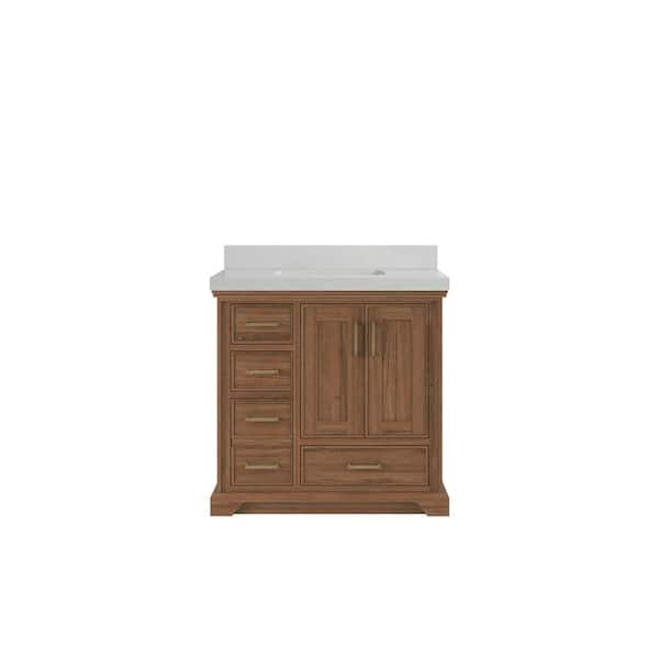 Willow Collections Charlotte Teak 36 in. W x 22 in. D x 36 in. H Center Sink Bath Vanity in Dark Natural with 2" Carrara Quartz Top
