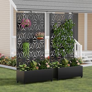 2 Sets 72 in. H x 35 in. L x 16 in. W Black Metal Planter Box with Trellis and Wheels