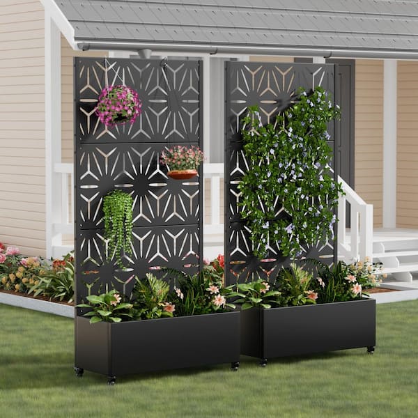 2 Sets 72 in. H x 35 in. L x 16 in. W Black Metal Planter Box with Trellis and Wheels