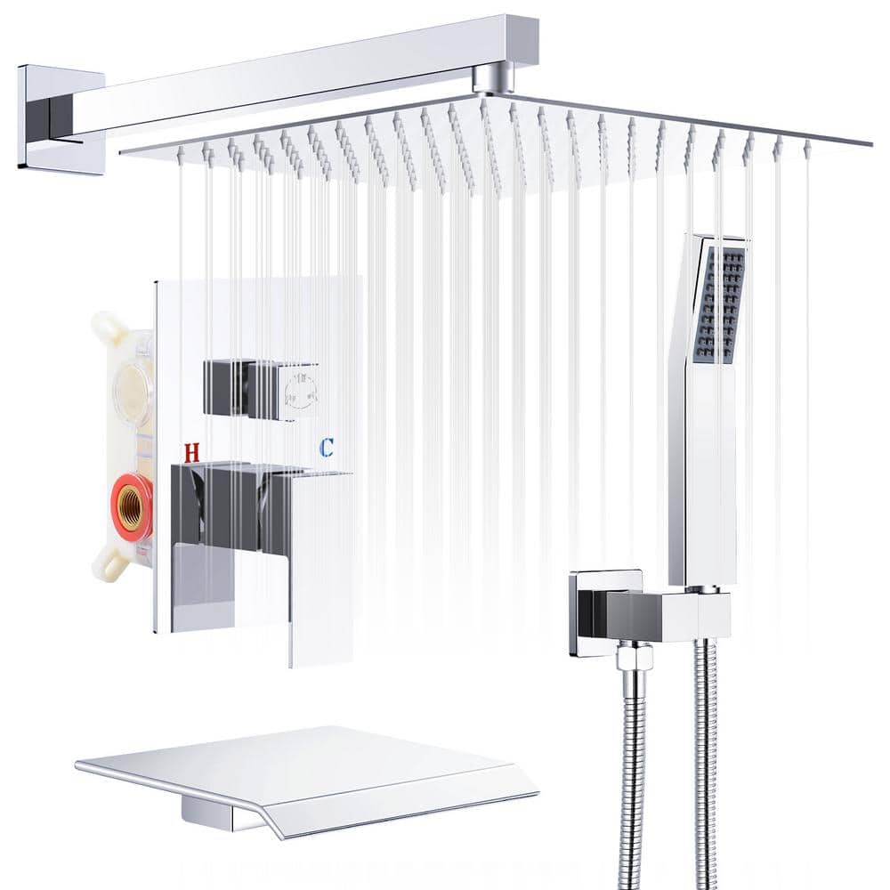 Single Handle 3-Spray Shower Faucet Square 12 in. 2.2 GPM with High Pressur