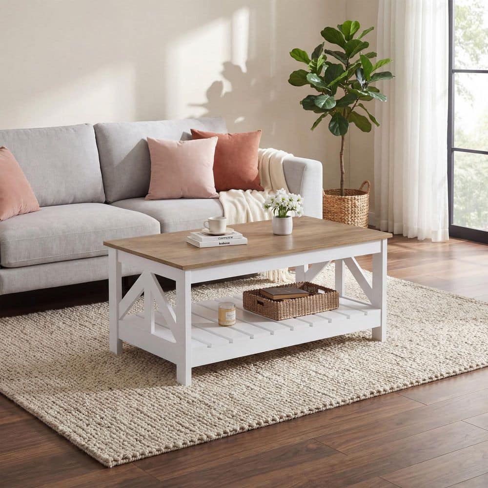 39 in. Brown/Black/ White Rectangle Wood Coffee Table With Storage Shelf price history on PriceWatchPro