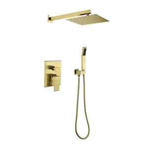 2-Spray Patterns 10 in. Wall Mount Square Rainfall Dual Shower Heads in Brushed Gold-Square with Handheld