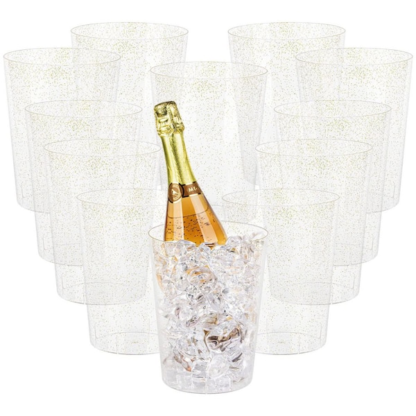 Wudkey 12-Pack Disposable Plastic Ice Bucket, Gold Glitter Clear Wine Cooler for Wedding and Party