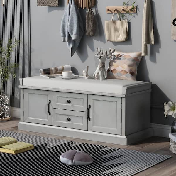 Gray 42.5 in. L x 15.9 in. W x 17.5 in. H Wooden Storage Bench w/2-Drawers and 2 Cabinets w/Removable Velvet Cushion