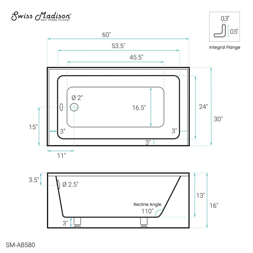 Virage 60" Glossy White Acrylic Alcove Bathtub with Apron