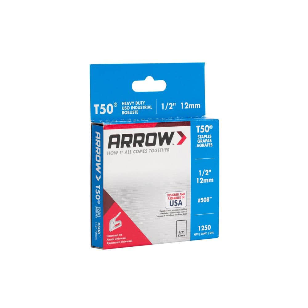 Arrow T50 1/2" Leg Length Galvanized Steel Staples, 1250-Pack