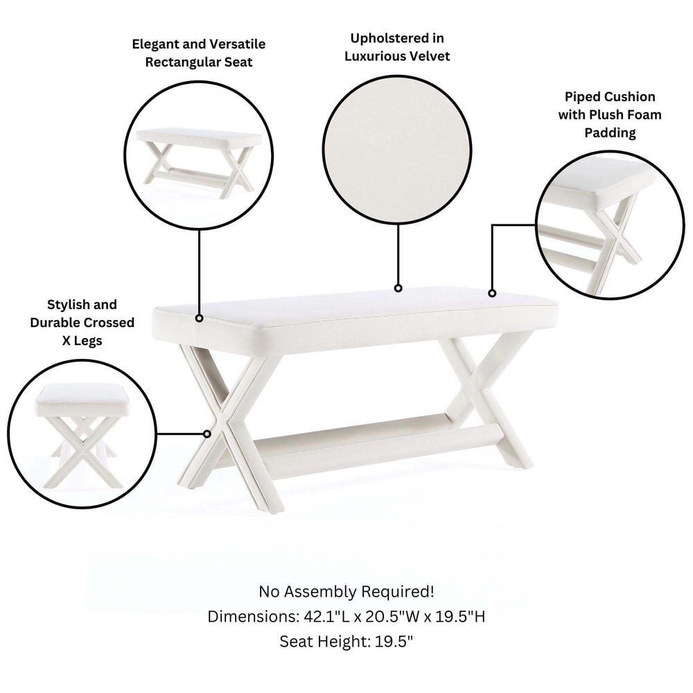 Abigail Cream Velvet Upholstered Double Ottoman with X-Crossed Legs