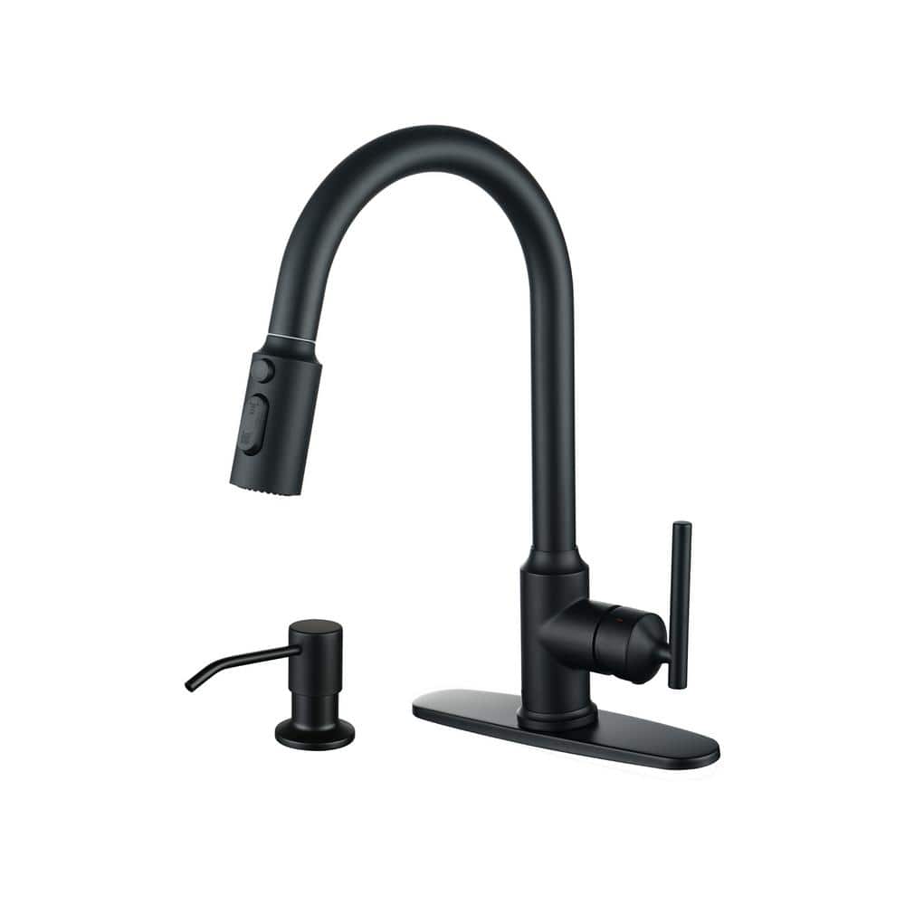 Matte Black Stainless Steel Pull-Down Kitchen Faucet with Soap Dispenser