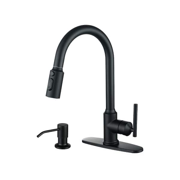 Single Handle Pull Down Sprayer Kitchen Faucet with Soap Dispenser 304 Stainless Steel Sink Faucets in Matte Black