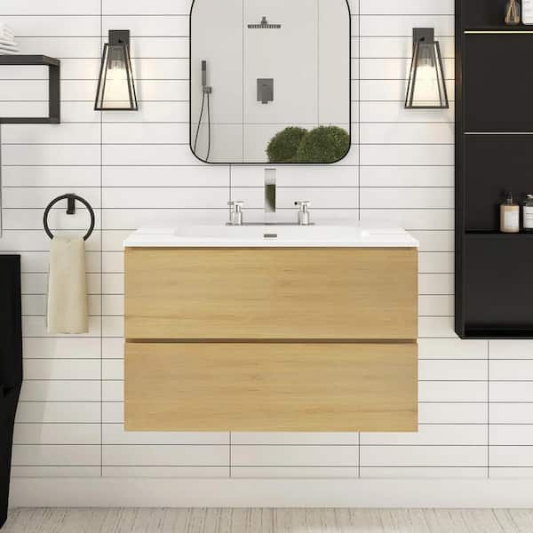 JimsMaison 30 in. W x 18 in. D x 21 in. H Single Sink Floating Bath Vanity in Natural Oak with White Ceramic Top