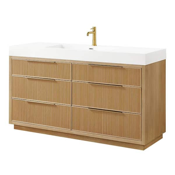 Hohhot 59.8 in. W x 19.7 in. D x 33.8 in. H Single Bath Vanity in Washed Ash Grey with White Engineered Stone Top