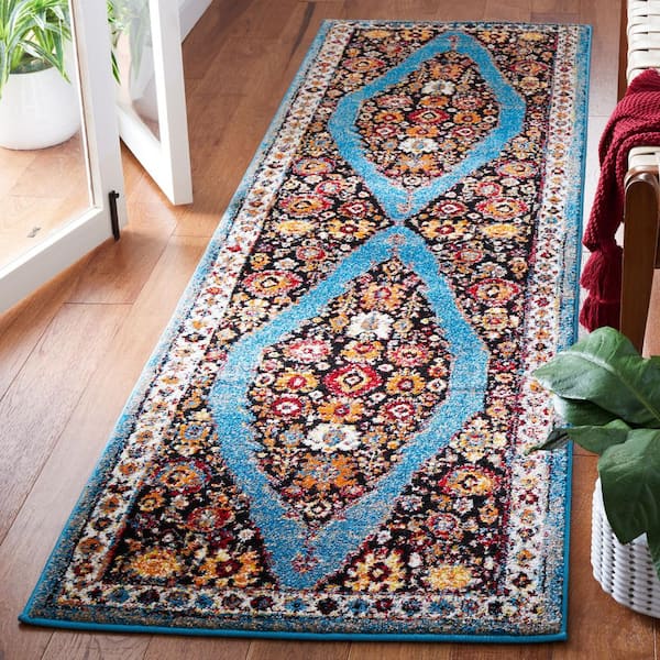 Vintage Hamadan 2 ft. x 8 ft. Blue/Black Geometric Medallion Runner Rug