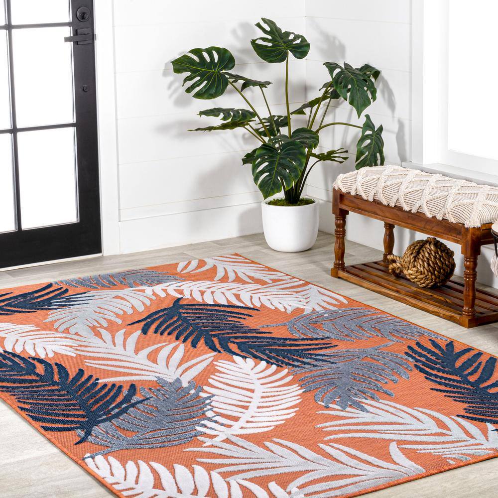 Montego Tropical Palm Orange Navy Ivory 3' x 5' Synthetic Area Rug