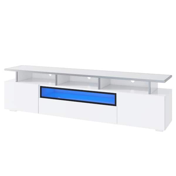 Nestfair Modern White TV Stand Fits TVs up to 80 in. with Drawer, Cabinets and LED Lights