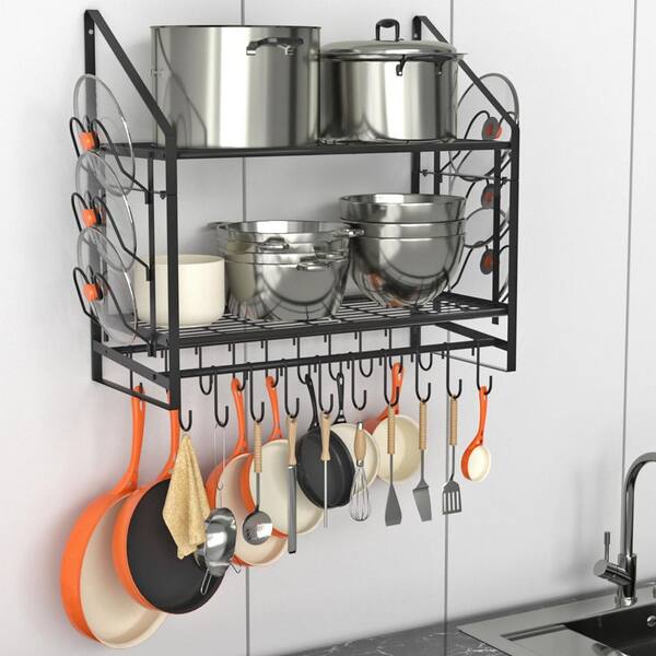 Heavy-Duty Multi Storage Black Metal 34.7 in. 2-Tier Wall Mount Pot Rack, Pots and Pans Organizer for Kitchen Cookware