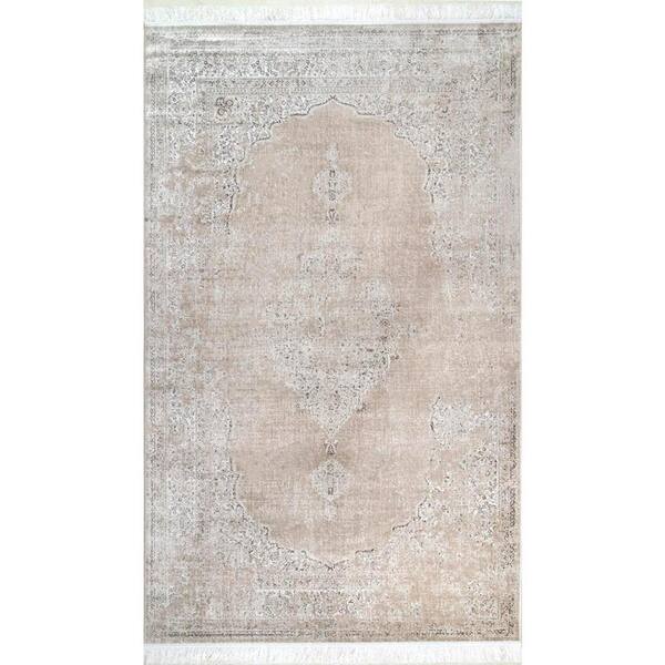 nuLOOM Cantrell Vintage Medallion Fringe Beige 5 ft. x 8 ft. Area Rug