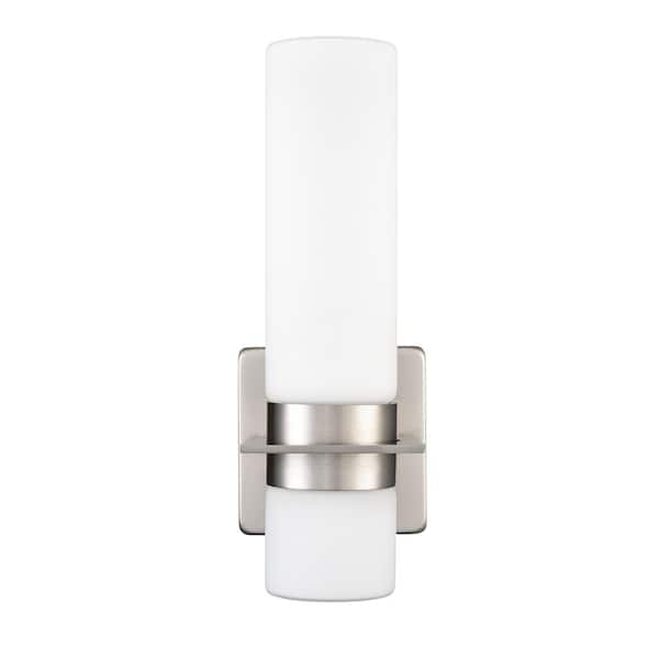 Millennium Lighting LED 1-Light 4.25 in. Wide Brushed Nickel Outdoor Cylinder Wall Sconce with White Glass