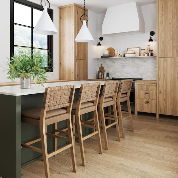 Cohen 29 in. Natural Brown Wood Mid-Century Faux Leather Counter Height Bar Stool, with Woven Back for Kitchen