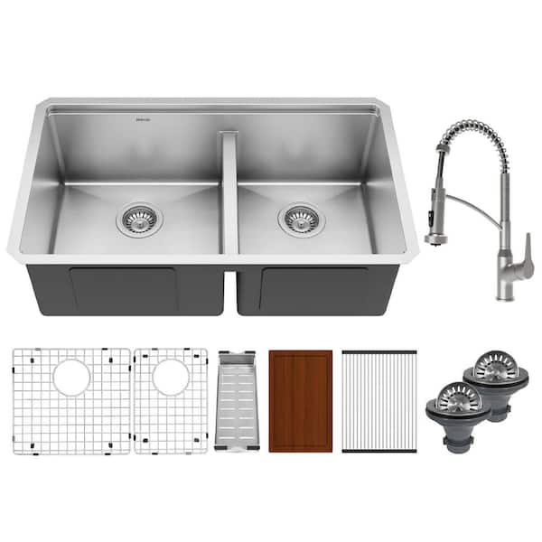 Elite 32 in. Undermount 60/40 Double Bowl 16-Gauge Stainless Steel Workstation Kitchen Sink with Faucet