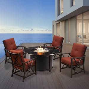 Copper 5-Piece Aluminum Patio Fire Pit Deep Seating Set with Red Cushions