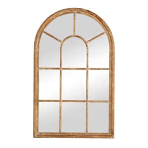 Window Pane Inspired 34 in. W x 54.3 in. H Brown Arched Fir Wood Framed Wall Bathroom Vanity Mirror