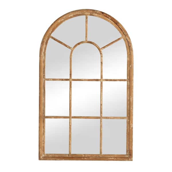 Unbranded Window Pane Inspired 34 in. W x 54.3 in. H Brown Arched Fir Wood Framed Wall Bathroom Vanity Mirror