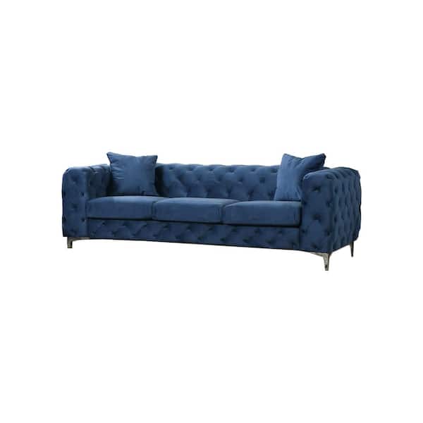 Best Master Furniture Becca 84 in. Blue Velvet 3-Seater Tuxedo Sofa