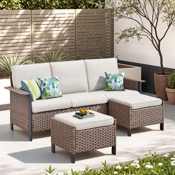 3-Piece Metal and Wicker Outdoor Sectional Sofa Couch Set with Ottomans with Beige Cushions