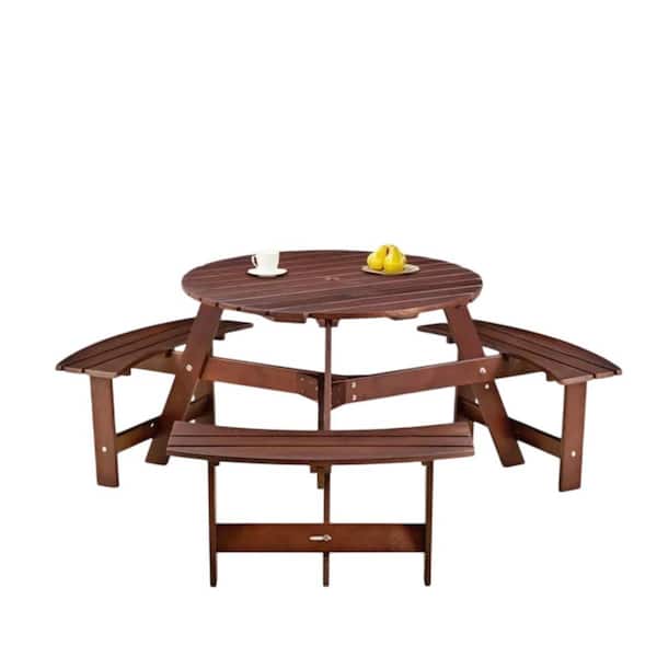 Unbranded 63 in. Brown Round Wood Picnic Table Seats 6 People with Umbrella Hole and 3 Built-in Benches, Outside Bench Set
