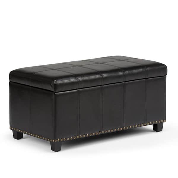 Simpli Home Amelia 33 in. Wide Transitional Rectangle Storage Ottoman Bench in Midnight Black Vegan Faux Leather