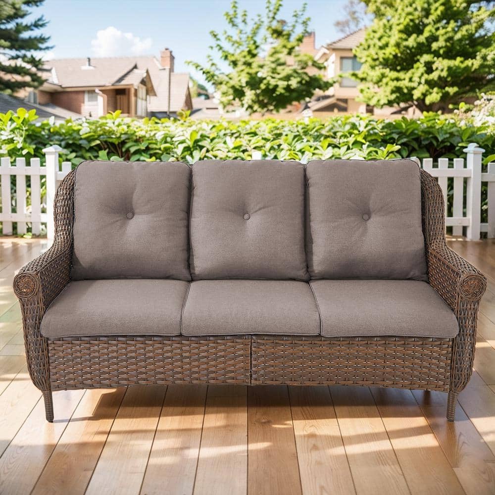 Chrysanthemum Armrest Series 3-Seat Brown Wicker Outdoor Patio Sofa Couch with Gray Cushions price history on PriceWatchPro