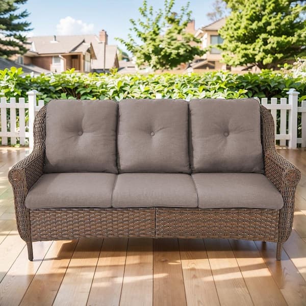 Chrysanthemum Armrest Series 3-Seat Brown Wicker Outdoor Patio Sofa Couch with Gray Cushions