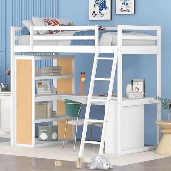 Polibi White Twin Size Wood Loft Bed with Ladder, Shelves, and Desk