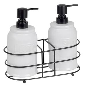 Embossed Glazed Ceramic Soap Dispenser with Dual Compartment Metal Rack in White (2-Pack)