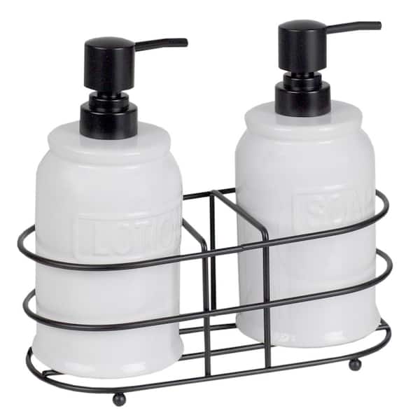 Home Basics Embossed Glazed Ceramic Soap Dispenser with Dual Compartment Metal Rack in White (2-Pack)