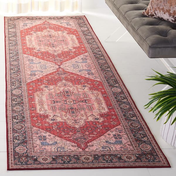 Tucson Red/Navy 3 ft. x 8 ft. Machine Washable Floral Medallion Border Runner Rug