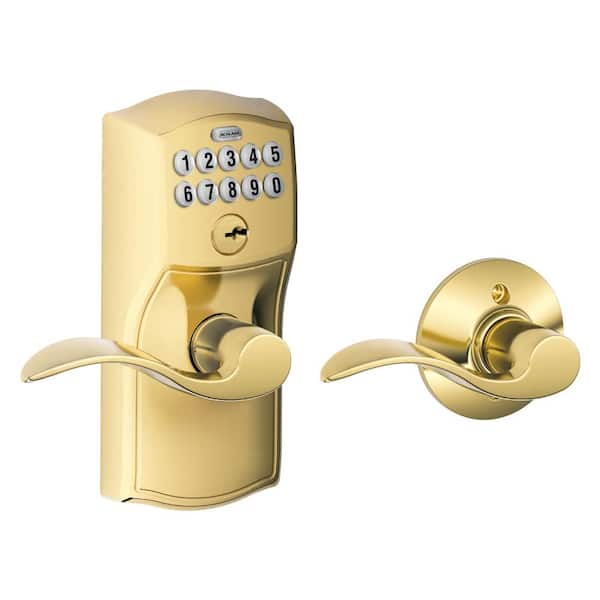 Schlage Camelot Bright Brass Electronic Keypad Door Lock with Accent Handle and Auto Lock
