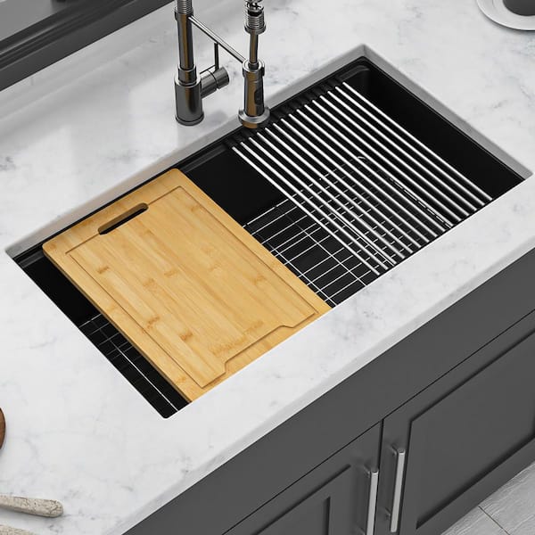Dueyeeri 33 in. Undermount Single Bowl Black Quartz Kitchen Sink with Workstation