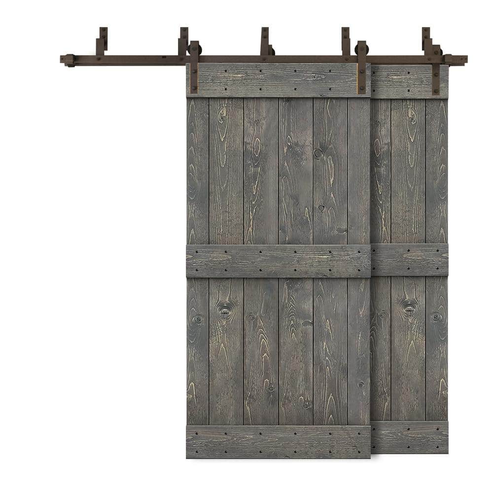 84 in. x 84 in. Mid-Bar Bypass Weather Gray Stained Solid Pine Wood Interior Double Sliding Barn Door with Hardware Kit price history on PriceWatchPro