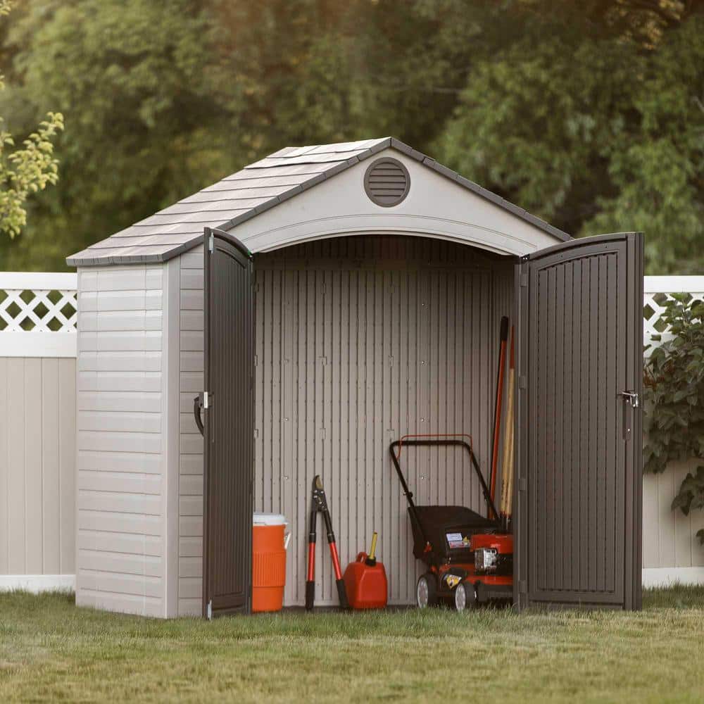 Beige and Brown Polyethylene Outdoor Storage Shed with Windows