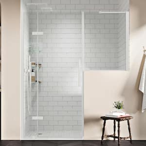 Tampa 68 1/8 in. W x 72 in. H Pivot Frameless Shower Door in SN with Buttress Panel and Shelves