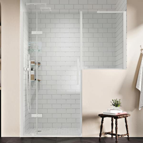 OVE Decors Tampa 68 1/8 in. W x 72 in. H Pivot Frameless Shower Door in SN with Buttress Panel and Shelves